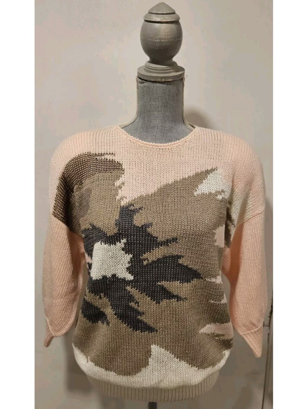Enfin By Marcia Large Pink Brown White Hand Loomed Knit Sweater Vintage 80s